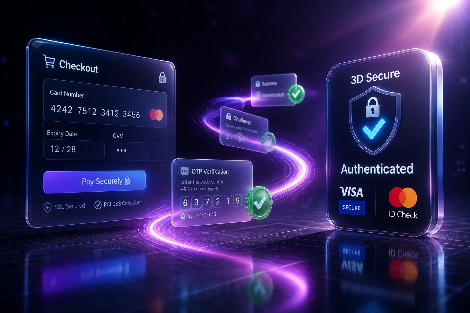 A glass Checkout panel and a glossy 3D Secure Authenticated badge linked by an S-curved ribbon of OTP and verified seals, illustrating conversion-safe payment authentication