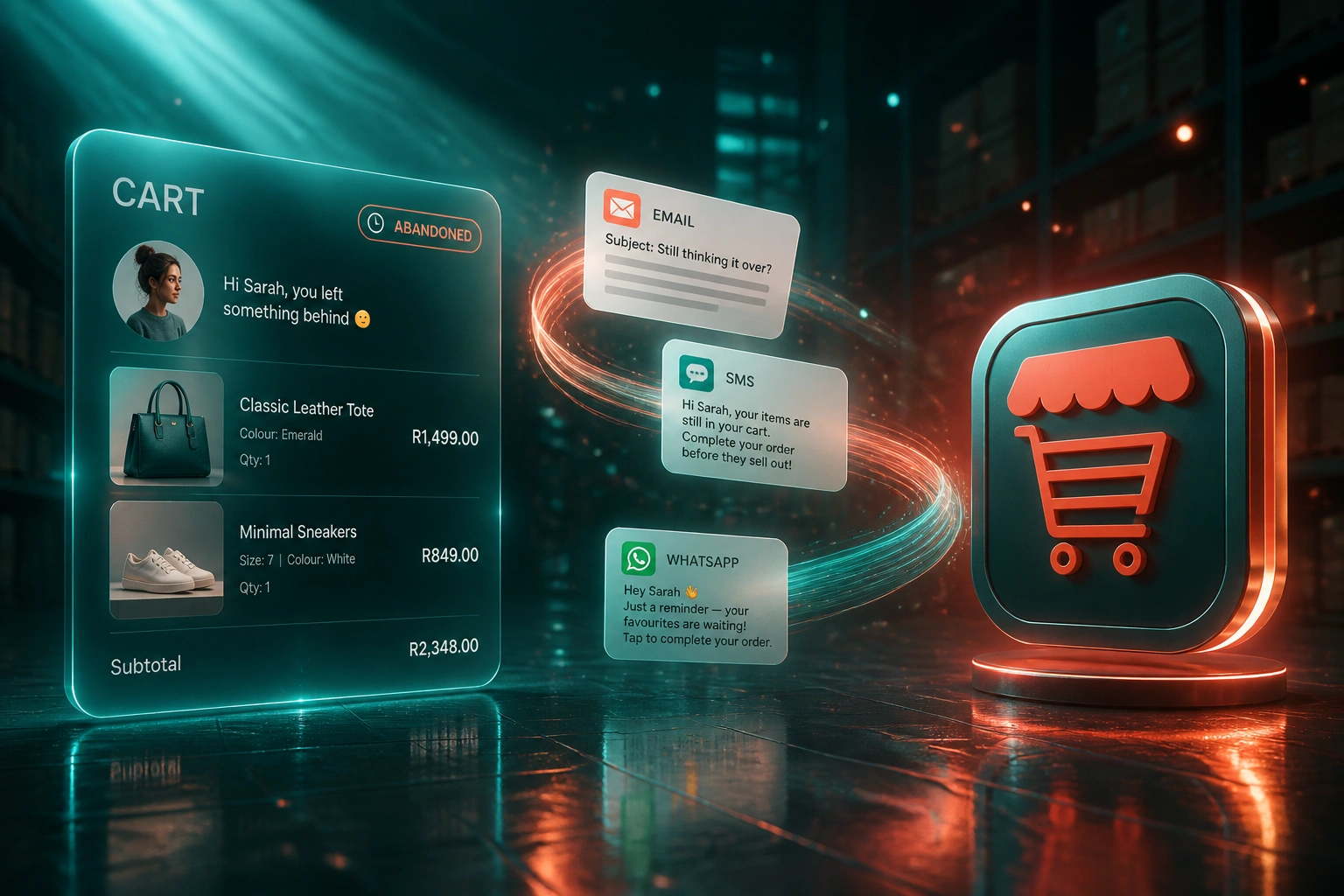 A glass CART panel and a storefront recovery badge connected by a ribbon of light carrying email, SMS, and WhatsApp cards in a deep teal warehouse scene