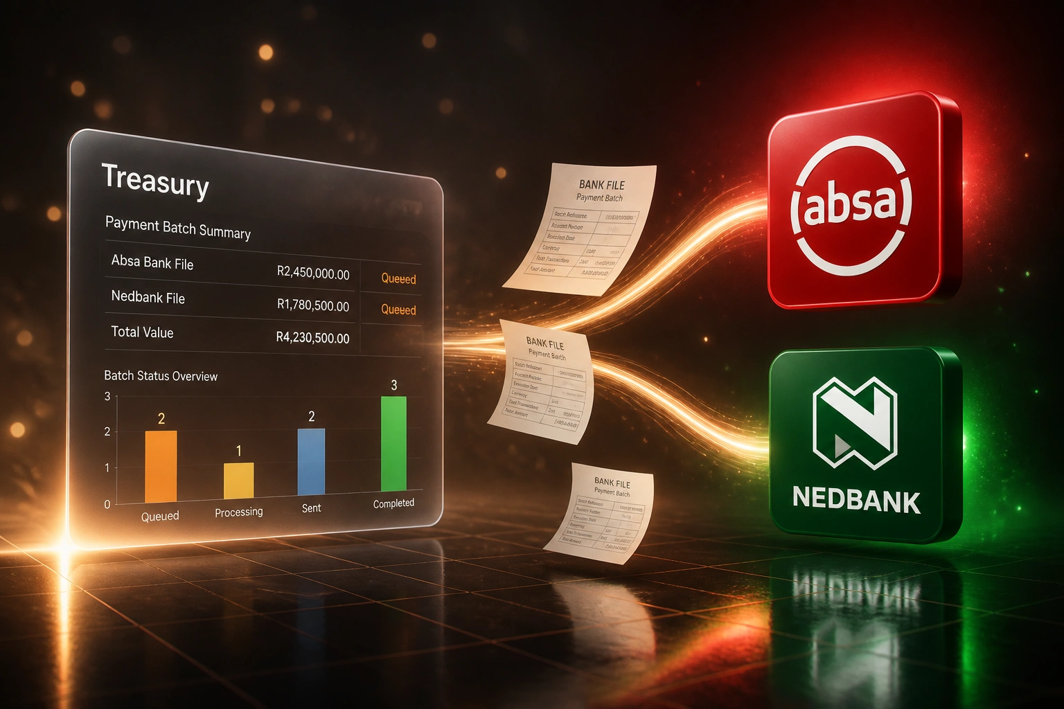 A Treasury glass panel feeding bank-file documents along a splitting light ribbon to Absa and Nedbank logos across a warm charcoal scene