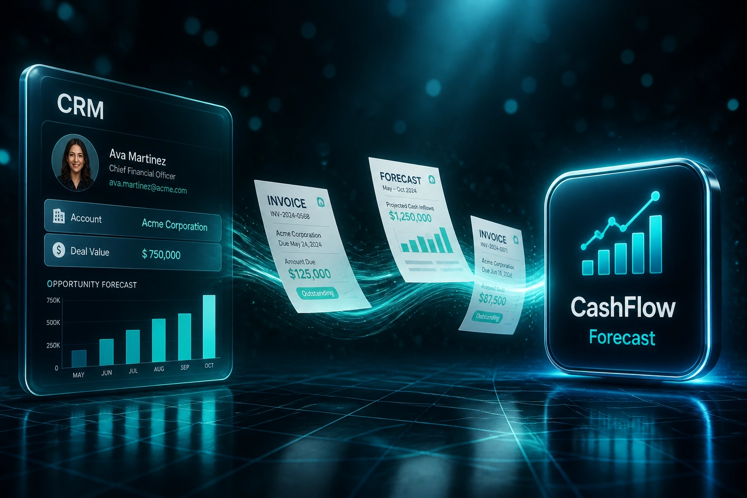 A CRM finance panel and cash flow forecast badge connected by a teal ribbon of invoice and forecast documents, illustrating live cash flow forecasting