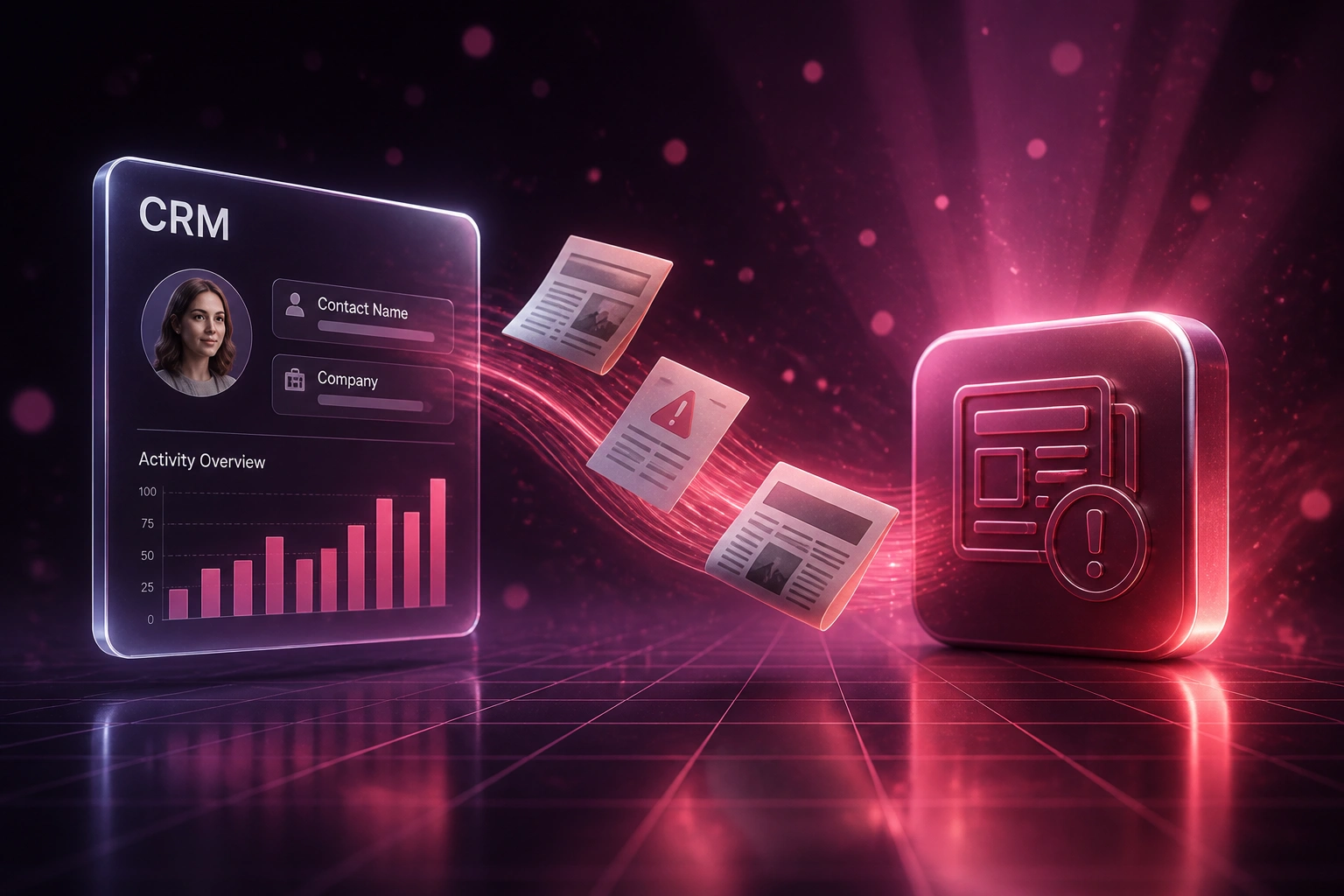 A CRM client panel and a news screening alert badge linked by a rose coral ribbon of news clippings and flagged alerts, illustrating automated adverse media screening