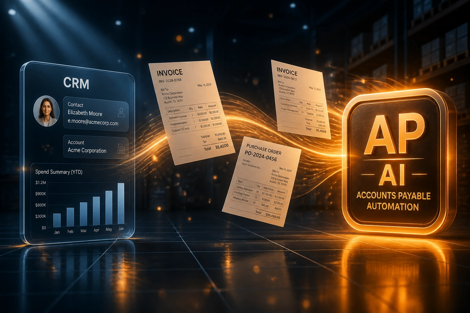 A glass CRM panel and an amber AP AI badge connected by a ribbon of invoices and purchase orders, illustrating automated accounts payable from receipt to payment approval
