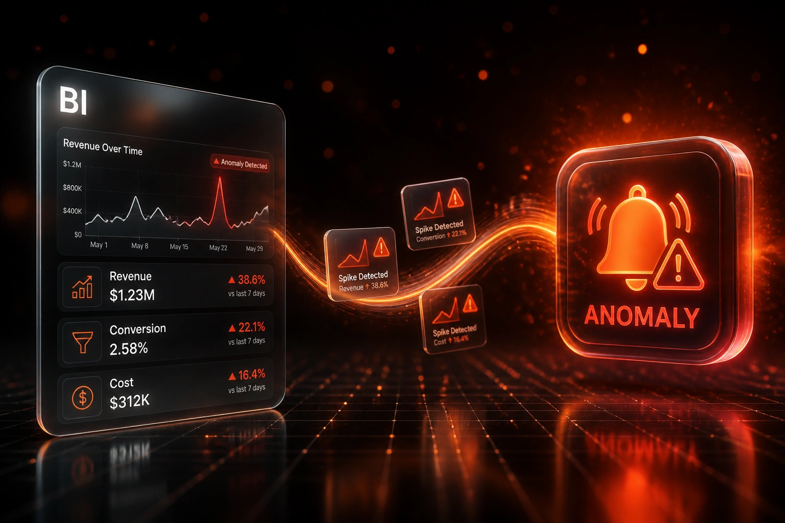 A glass BI metrics panel with a revenue spike connected by an amber-red ribbon of alert cards to a glossy anomaly warning badge, illustrating real-time AI monitoring