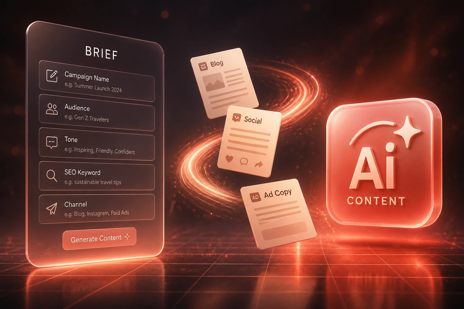 A glass marketing brief panel and coral rose AI content badge linked by a ribbon of blog, social, and ad draft cards mid-flight, illustrating AI content generation for marketing