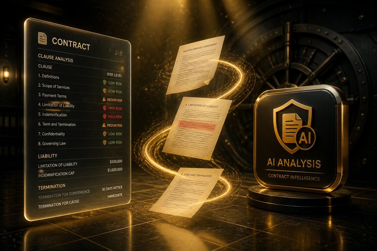 A glass CONTRACT panel showing clause risk flags and an AI Analysis badge connected by a ribbon of contract pages, illustrating automated legal review