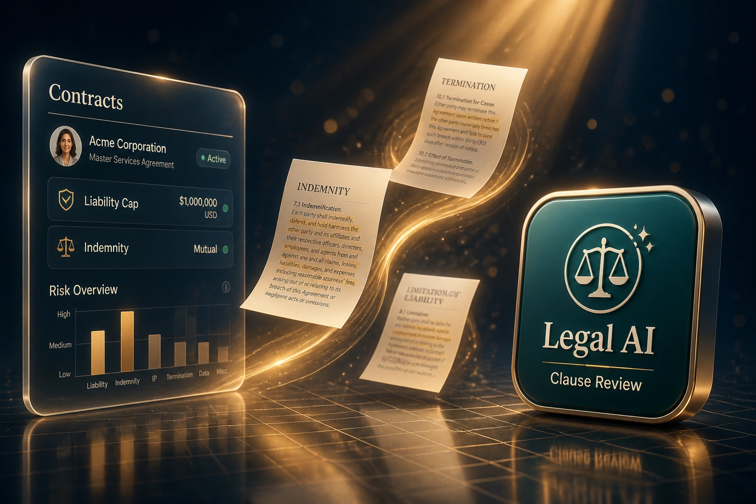 A glass Contracts panel showing liability and indemnity fields connected by a ribbon of clause documents to a Legal AI Clause Review badge