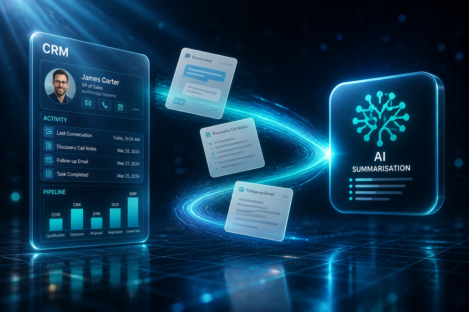 A glass CRM activity panel and a glowing cyan AI summarisation badge linked by a ribbon of conversation note cards, illustrating AI conversation summarisation for CRM