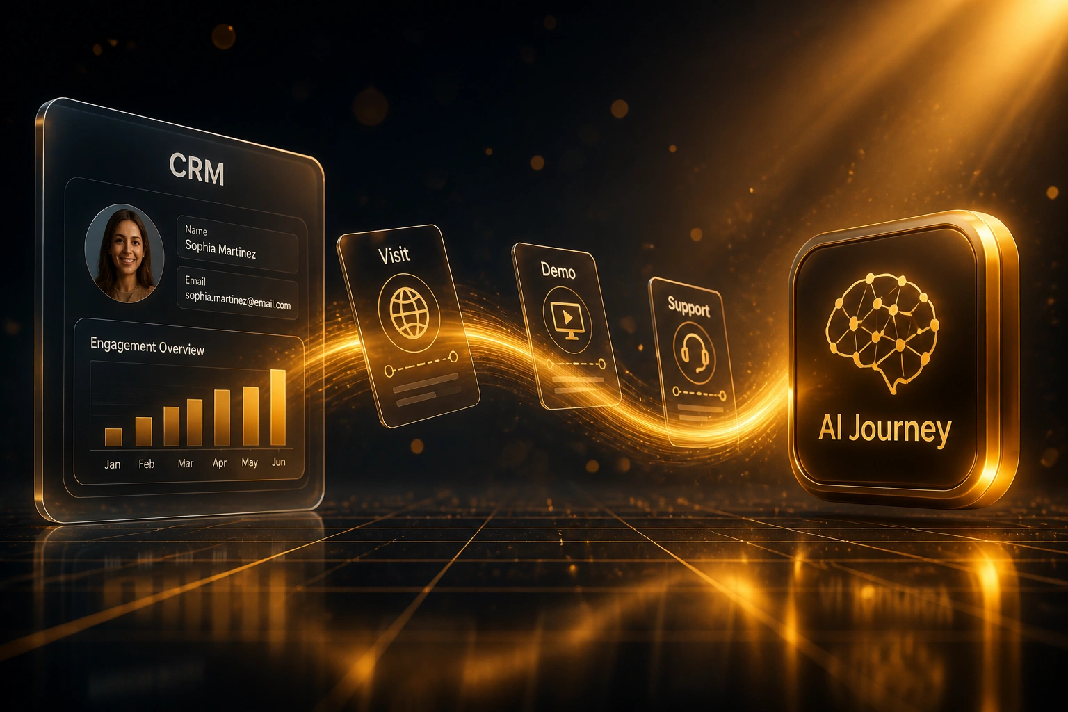 A glass CRM panel and an amber AI Journey badge connected by an S-curved ribbon carrying Visit, Demo, and Support touchpoint cards, illustrating AI customer journey mapping