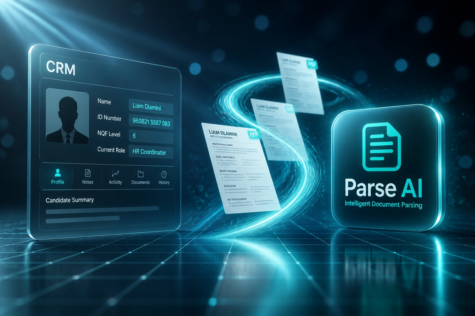 A glass CRM panel showing SA candidate fields connected by a teal ribbon of CV documents to a Parse AI badge, illustrating automated CV parsing for South African recruiters