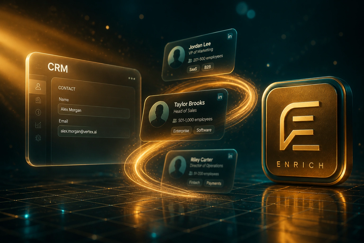 A glass CRM panel labelled CRM and a glossy Enrich badge connected by profile cards on an amber ribbon, illustrating AI contact enrichment