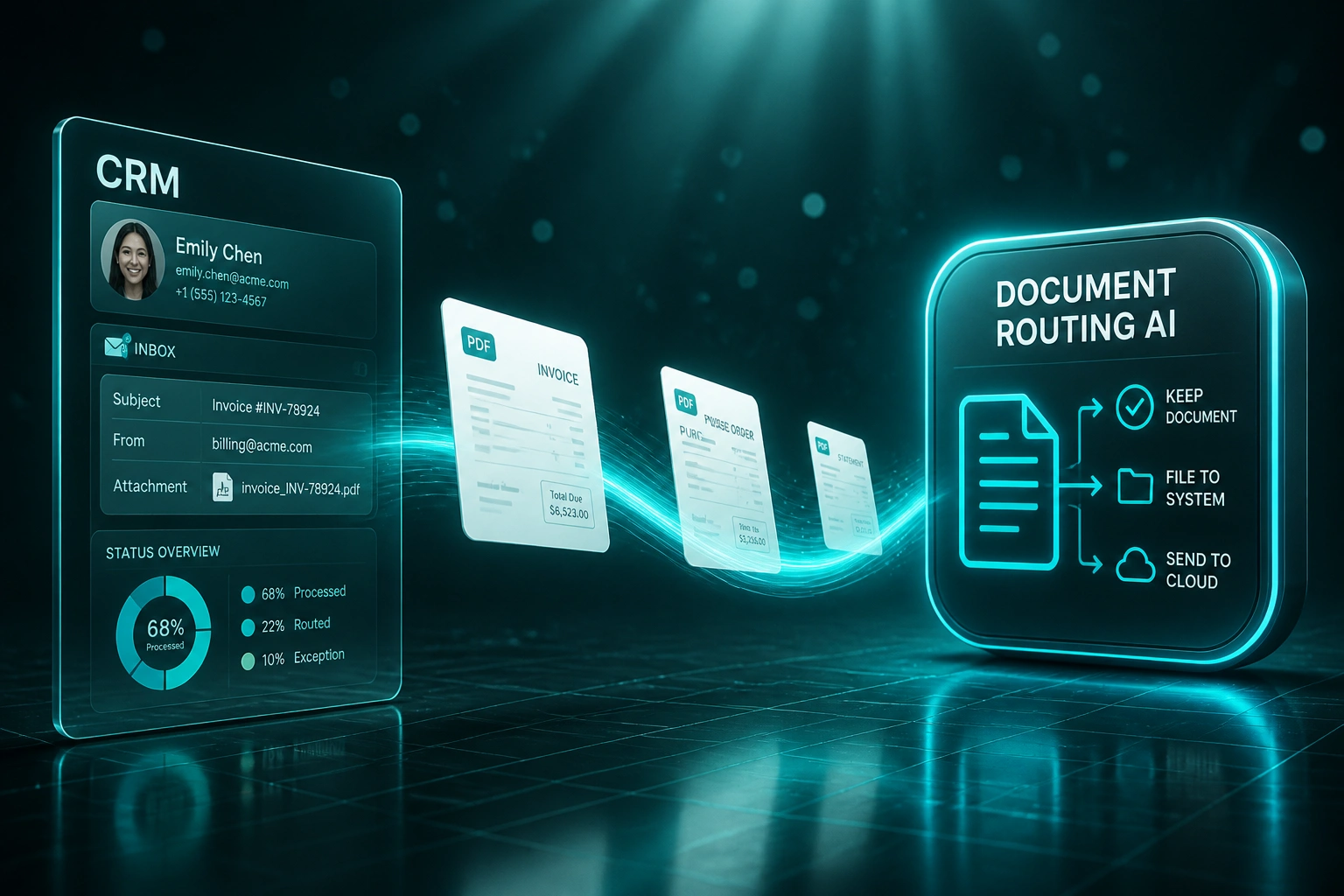 A glass CRM inbox panel and a cyan Document Routing AI badge linked by a ribbon of mid-flight invoices, purchase orders, and statements