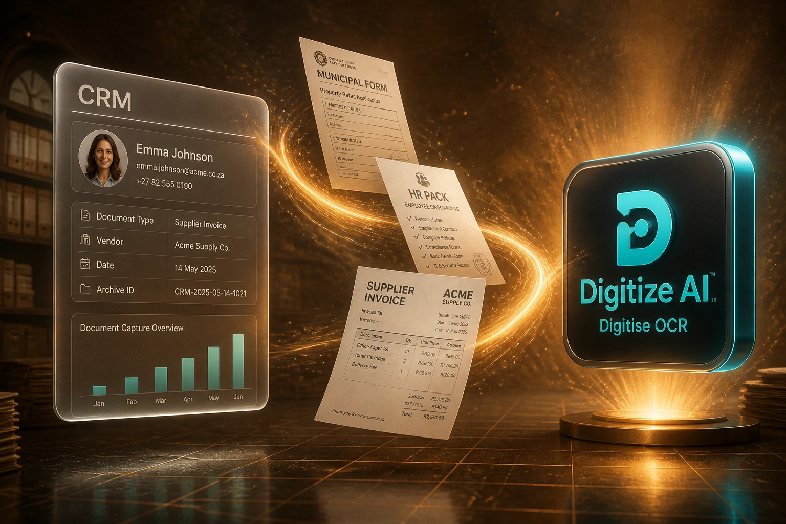 A glass CRM panel showing digitised document fields and a Digitize AI badge linked by a copper ribbon of mid-flight municipal forms, HR packs, and supplier invoices