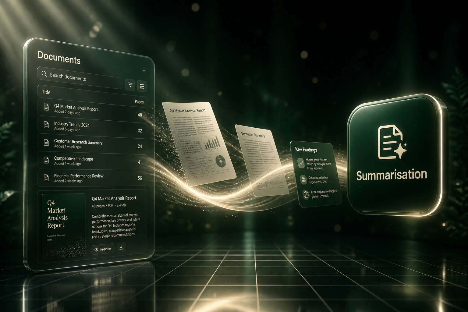 A glass Documents panel and a Summarisation badge linked by a cream ribbon of mid-flight report and key-findings cards over a forest green abyss