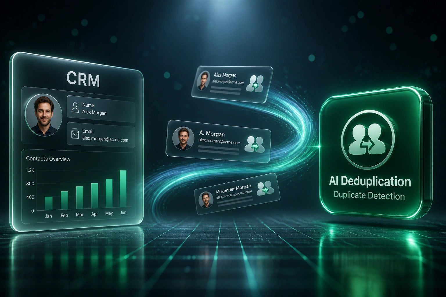 A glass CRM panel and an emerald AI Deduplication badge connected by contact cards marked for merge, illustrating AI fuzzy matching for CRM duplicates