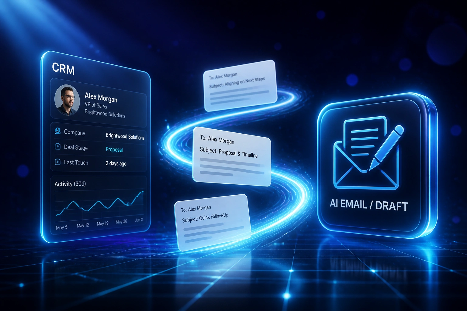 A glass CRM panel and electric cyan AI email draft badge linked by a ribbon of outbound email draft cards mid-flight, illustrating AI email drafting for sales