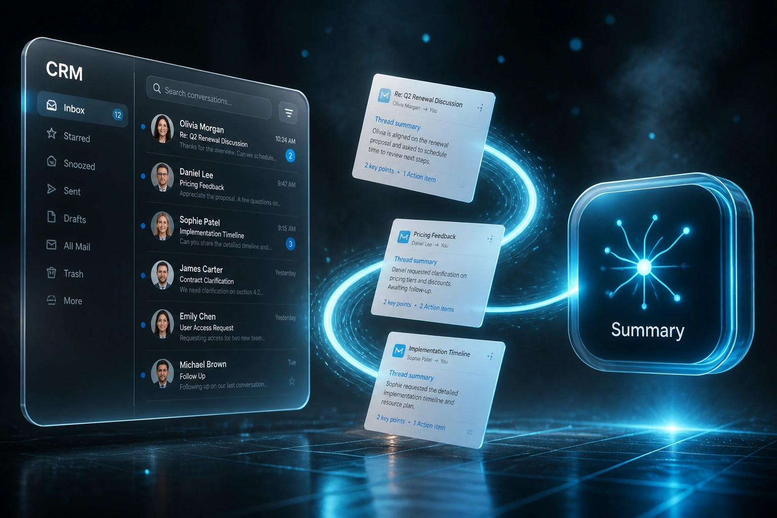 A glass CRM inbox panel and an electric cyan AI summary badge linked by a ribbon of email digest cards, illustrating AI email summarisation