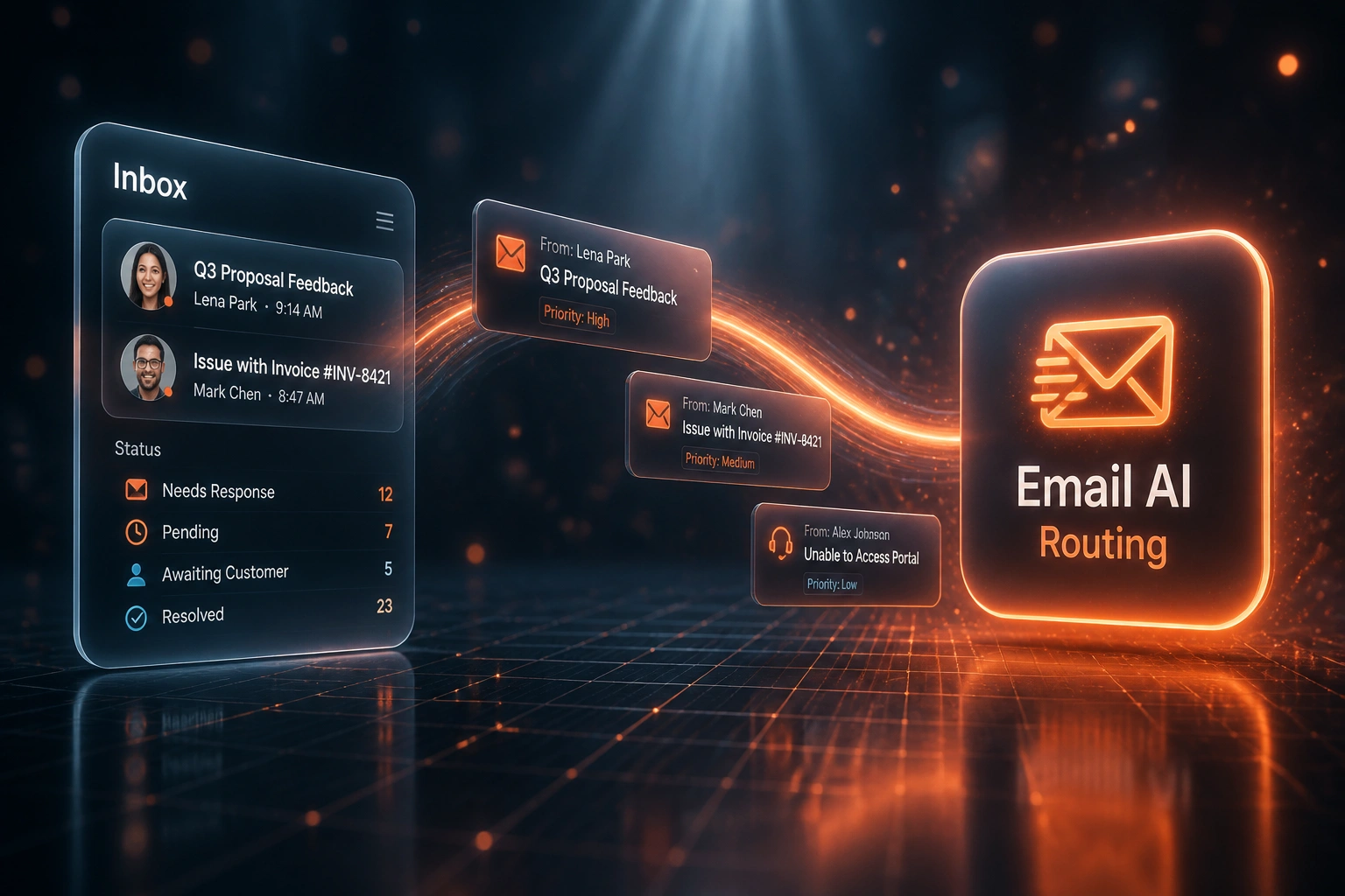 A glass Inbox panel and a coral Email AI Routing badge linked by a ribbon of mid-flight email tickets, illustrating AI email triage and auto-routing