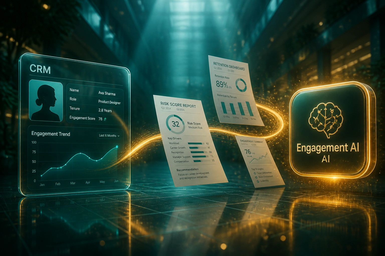 A glass CRM employee panel and a soft-gold Engagement AI badge connected by HR retention reports on a glowing ribbon, illustrating workforce attrition prediction