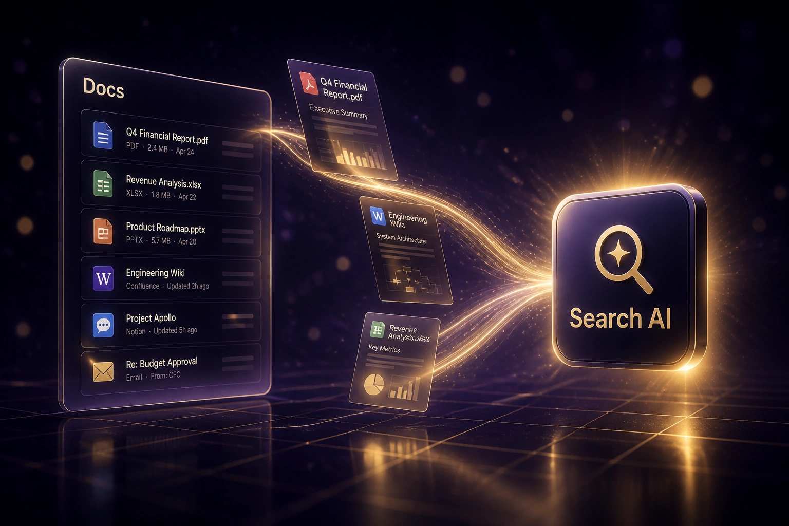 A glass Docs panel of files, wikis, and email connected by a gold ribbon of document cards to a Search AI badge in a deep indigo void