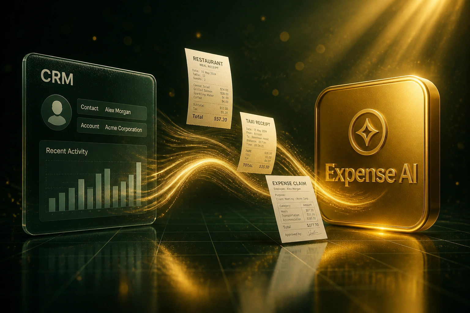 A glass CRM panel and a gold Expense AI badge connected by a ribbon of meal, taxi, and expense claim documents, illustrating automated receipt categorisation