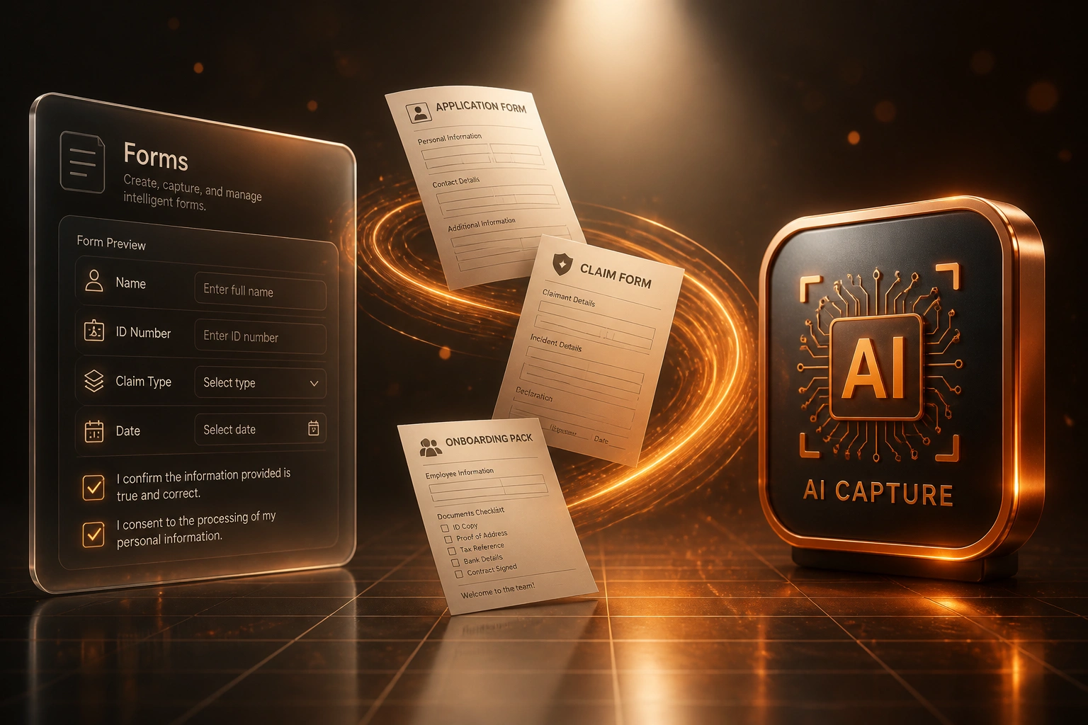 A glass Forms panel and an AI Capture badge connected by an amber ribbon carrying application, claim, and onboarding form sheets, illustrating automated form field extraction