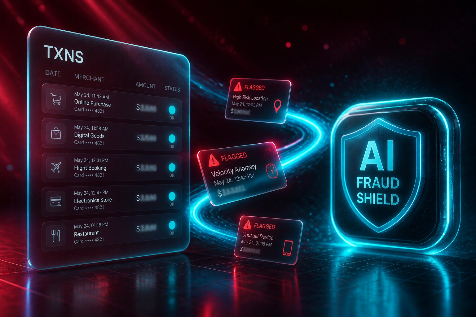 A glass TXNS panel and an AI Fraud Shield badge linked by a cyan ribbon of flagged transaction cards, illustrating real-time AI fraud detection