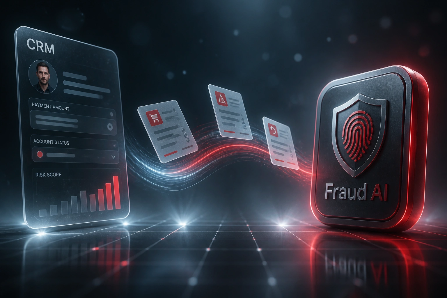 A glass CRM payment panel connected by a crimson ribbon of transaction alerts to a glossy Fraud AI badge, illustrating real-time pattern matching for financial fraud
