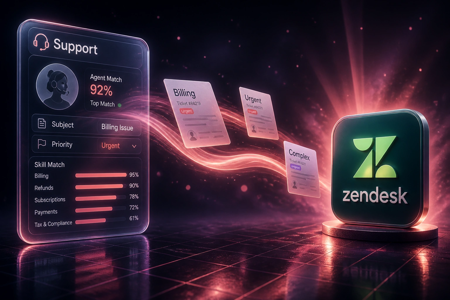 A glass Support panel with skill-match scores and a Zendesk badge connected by ticket cards on a coral ribbon of light, illustrating AI intelligent ticket assignment