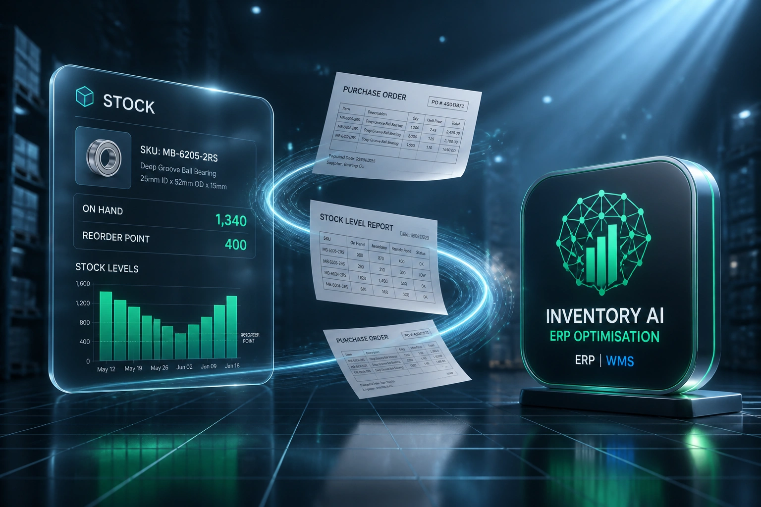 A glass Stock panel and an emerald Inventory AI badge connected by mid-flight purchase orders on a steel-blue ribbon, illustrating AI inventory optimisation