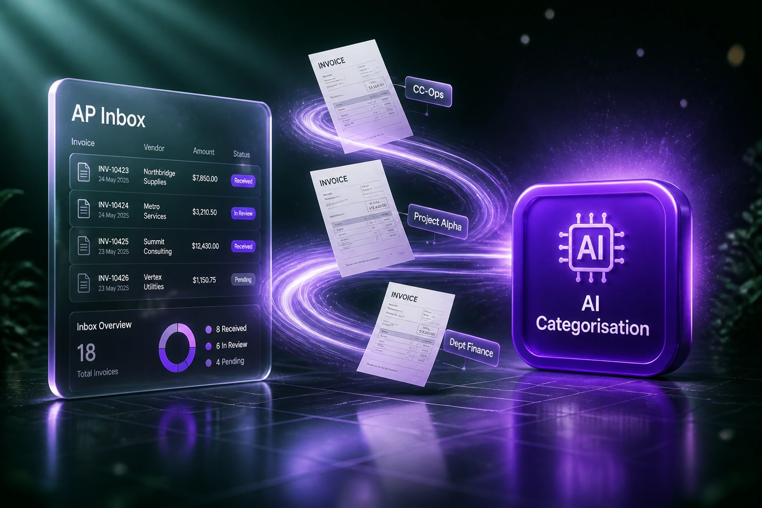 A glass AP Inbox panel and an AI Categorisation badge connected by a ribbon of invoices tagged with cost centres, illustrating intelligent invoice routing