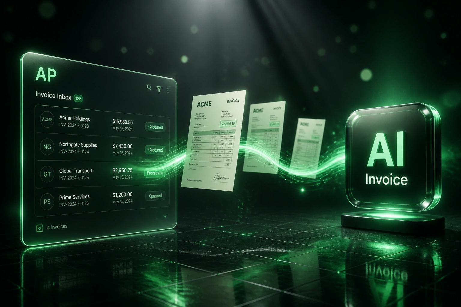 A glass AP inbox panel and an AI Invoice badge connected by a ribbon of supplier invoices, illustrating automated invoice extraction and PO matching