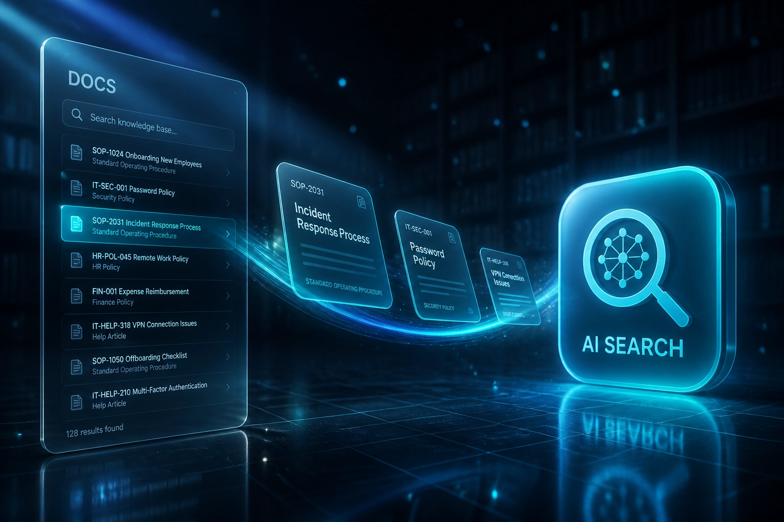 A glass DOCS panel and a cyan AI search badge connected by floating knowledge-article cards in a midnight indigo library scene