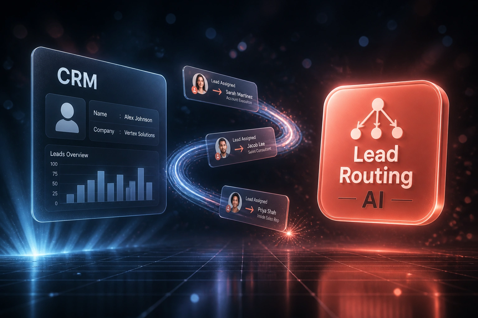 A glass CRM panel and a coral Lead Routing AI badge connected by lead assignment cards on a slate-blue ribbon of light, illustrating automatic sales rep matching