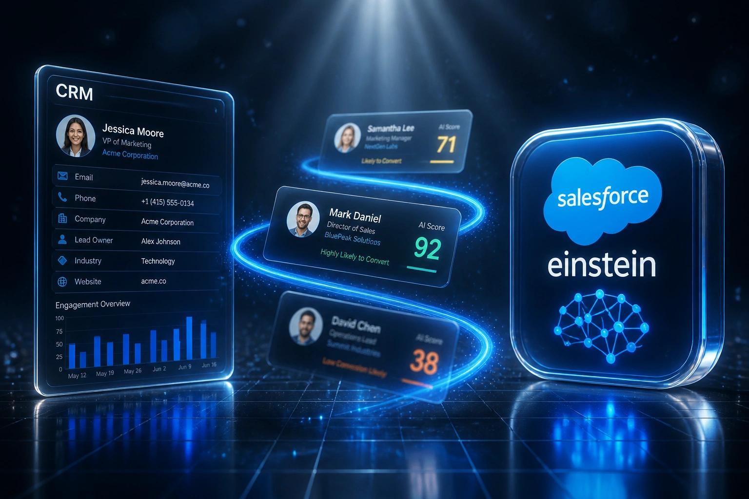 A glass CRM panel and Salesforce Einstein AI badge connected by scored lead cards on a cobalt ribbon, illustrating predictive AI lead scoring