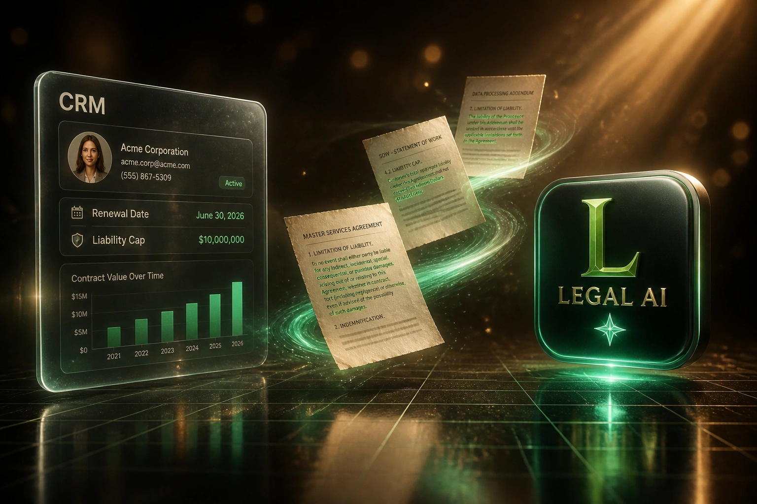 A glass CRM panel showing renewal and liability fields connected by a ribbon of contract clauses to a glossy Legal AI badge