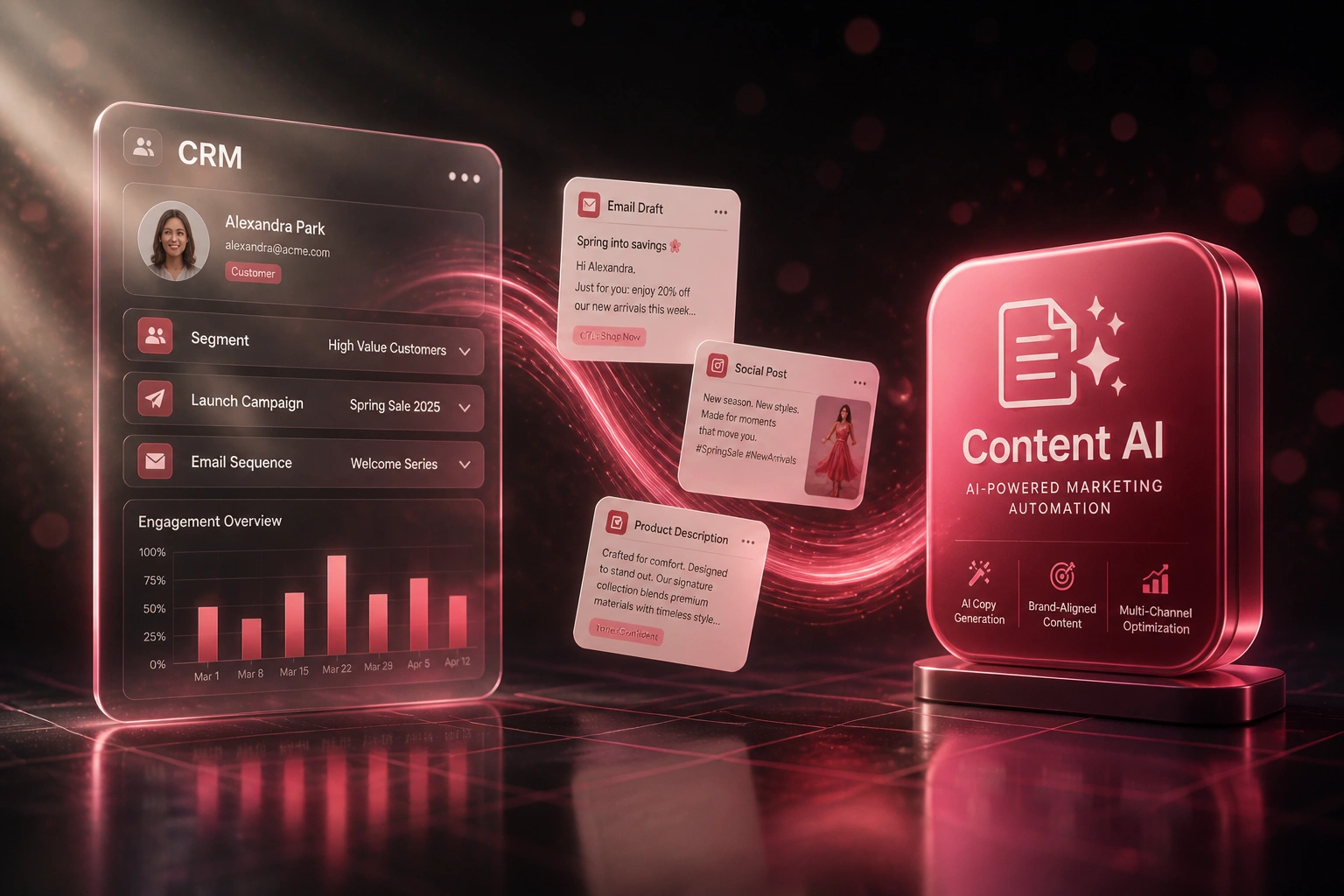 A glass CRM campaign panel and magenta Content AI badge linked by a ribbon of email, social, and product description cards, illustrating AI marketing content automation