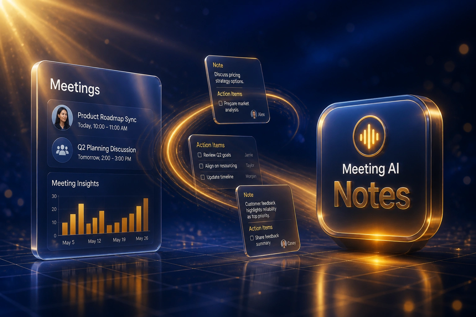 A glass Meetings panel with agenda rows linked by an amber ribbon of note and action-item cards to a glossy Meeting AI Notes badge