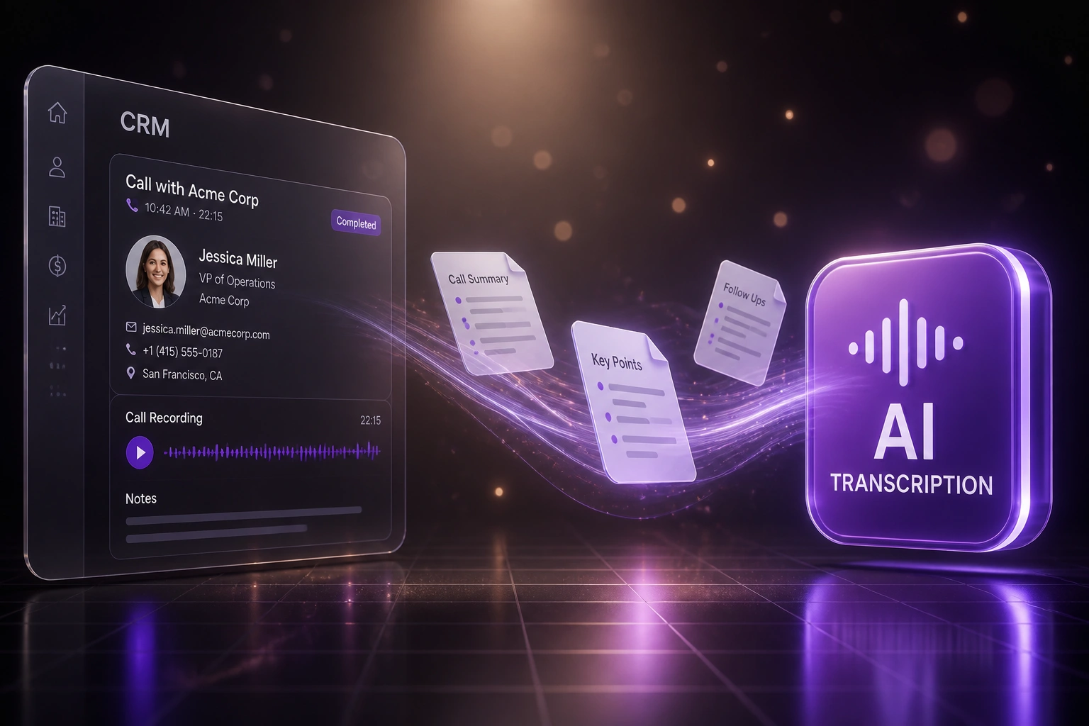 A glass CRM panel with a call card and waveform linked by a violet ribbon of transcript documents to a glossy AI transcription badge
