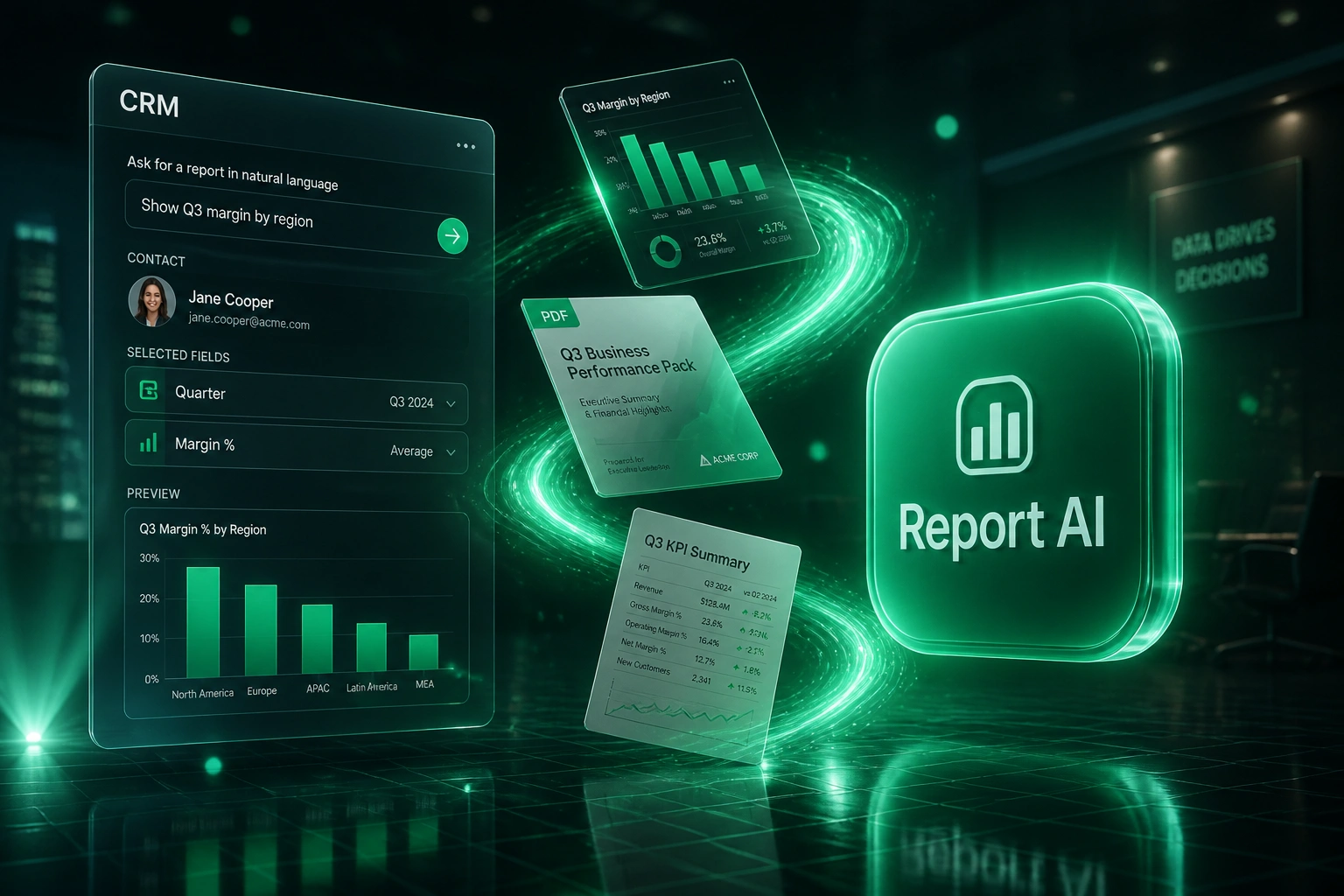 A glass CRM panel showing a natural language report request connected by an emerald ribbon of mid-flight chart and PDF documents to a glossy Report AI badge