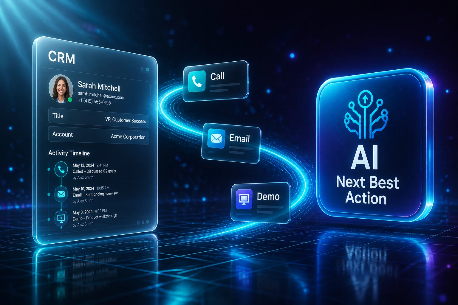 A glass CRM panel and an electric cyan AI Next Best Action badge connected by call, email, and demo action cards on a glowing ribbon