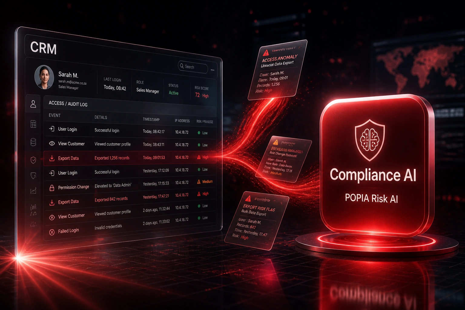 A glass CRM access panel and a crimson Compliance AI badge linked by alert document cards, illustrating proactive POPIA breach risk detection from access patterns