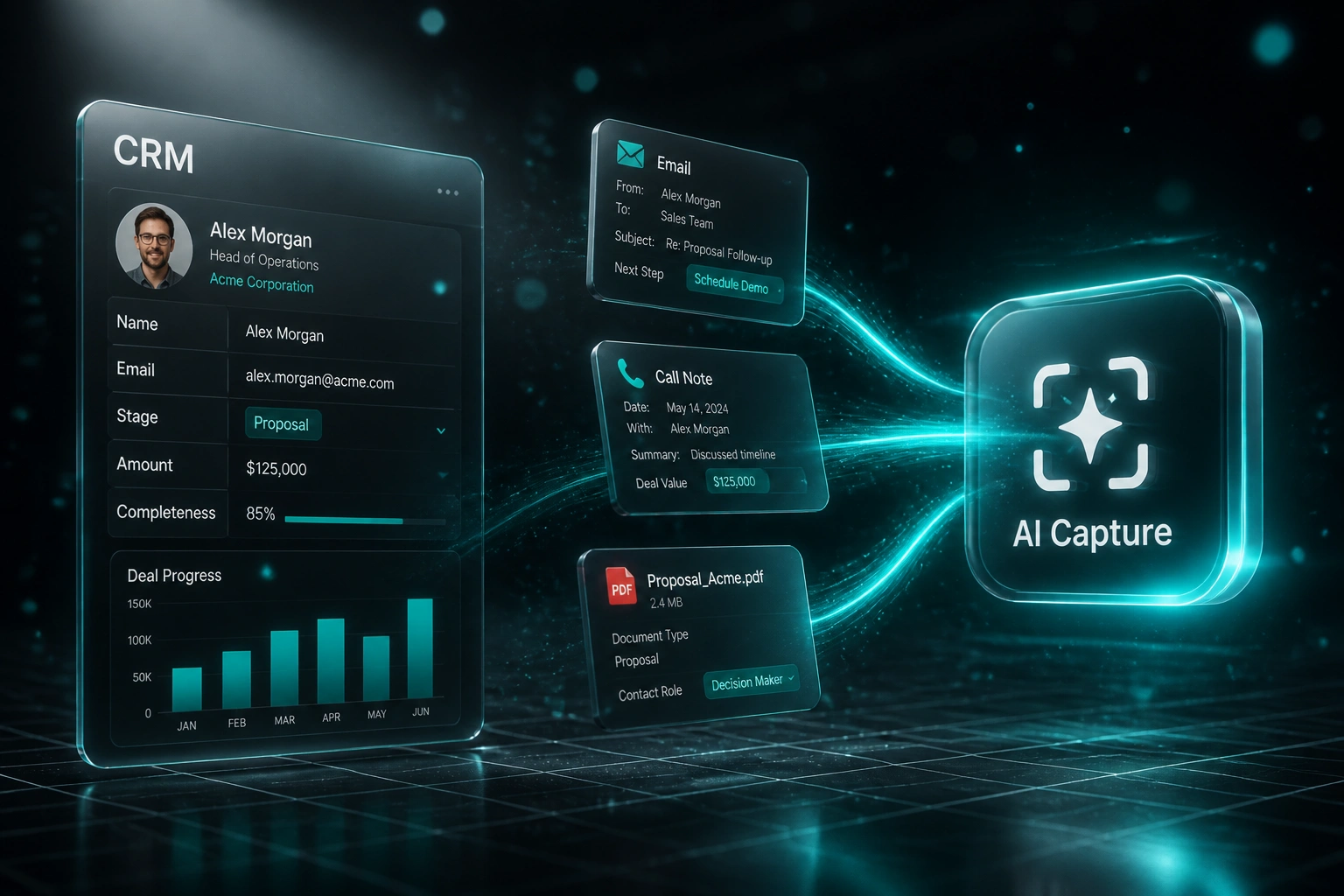 A glass CRM panel and an electric teal AI Capture badge connected by a ribbon of email, call-note, and document field cards, illustrating automated CRM data entry