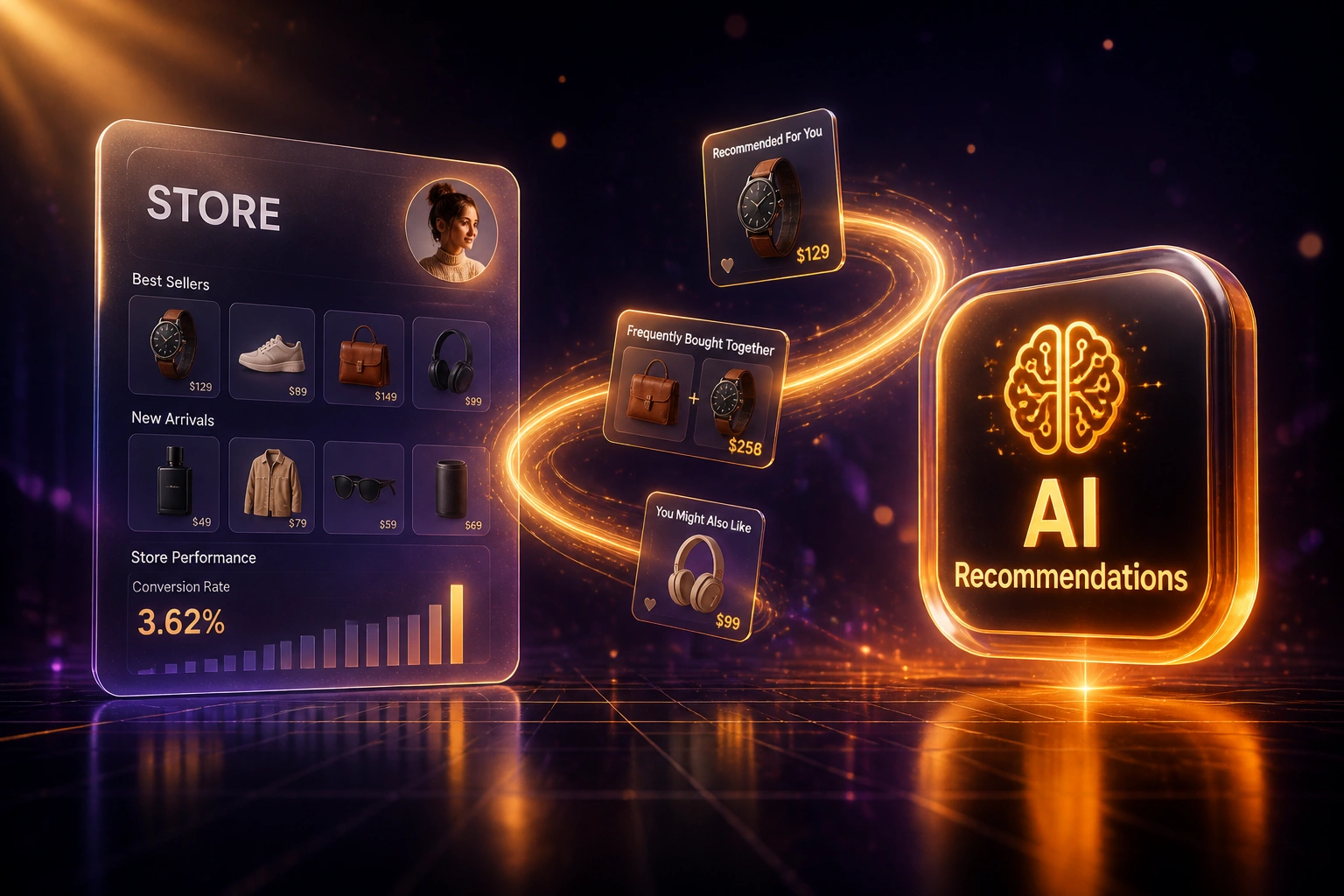 A glass STORE panel and an amber AI Recommendations badge connected by a ribbon of light carrying product suggestion cards, illustrating an AI recommendation engine
