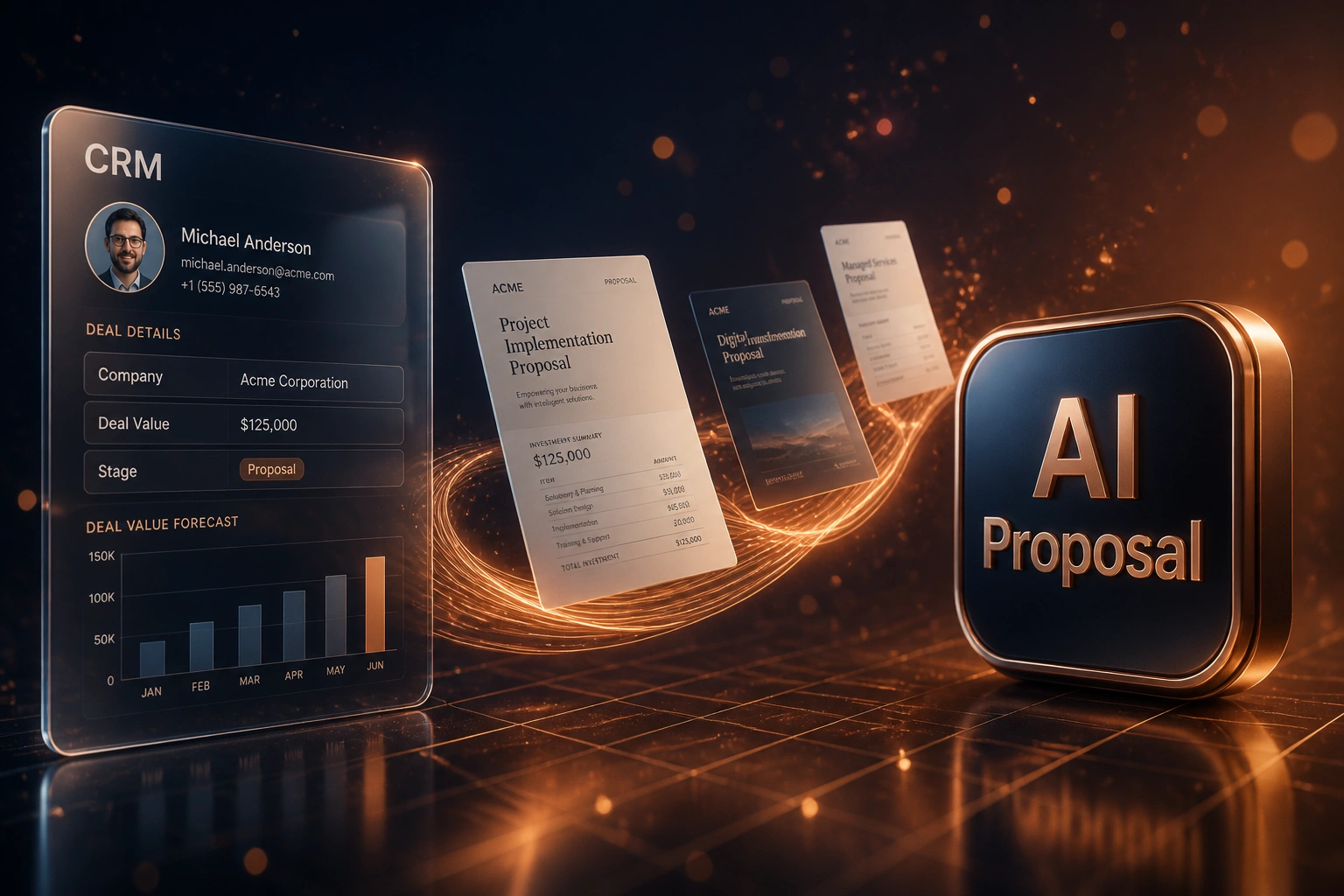 A glass CRM panel and copper AI Proposal badge linked by a ribbon of proposal document cards mid-flight, illustrating automated proposal generation from deal data