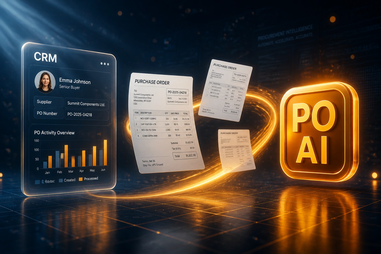A glass CRM panel and a glossy PO AI badge connected by an amber ribbon carrying purchase order documents, illustrating automated PO data extraction