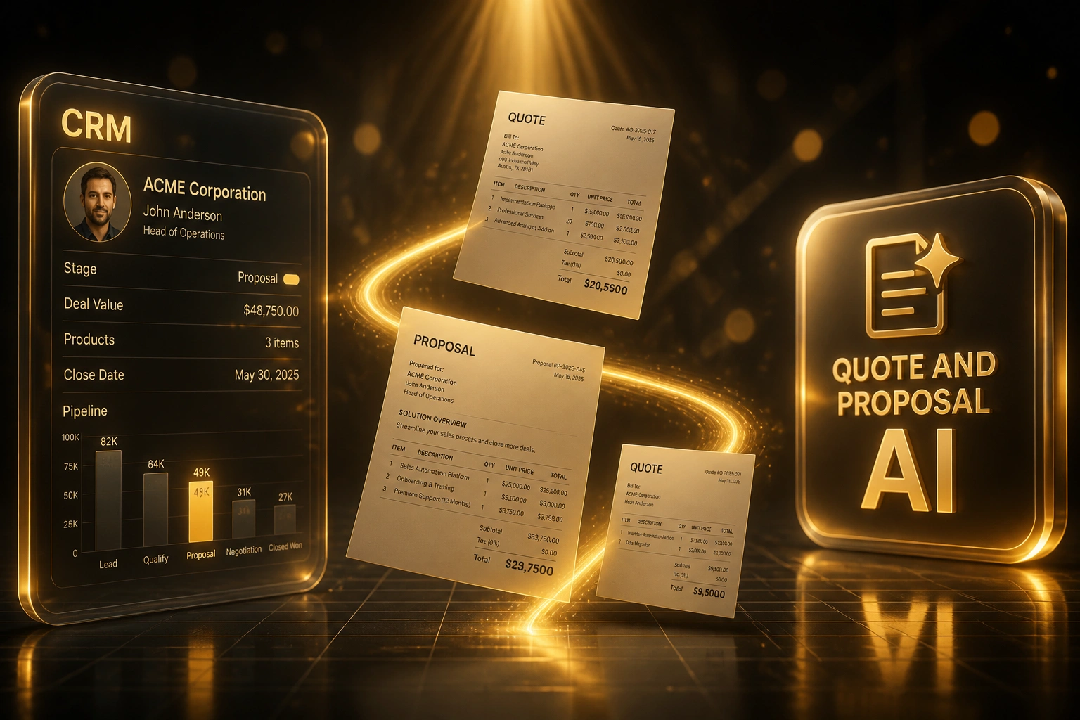 A glass CRM panel and gold Quote and Proposal AI badge linked by a ribbon of quote documents mid-flight, illustrating AI quote drafting from CRM deal data