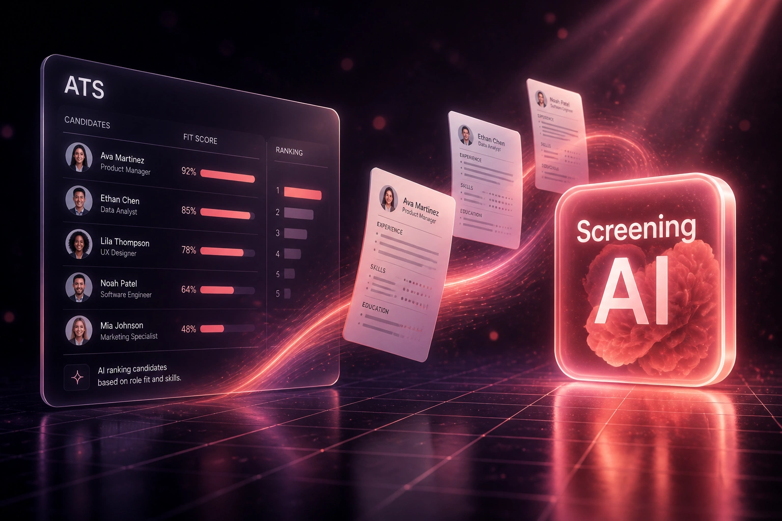 A glass ATS panel with ranked candidate fit scores connected by a coral ribbon of CV cards to a Screening AI badge, illustrating automated resume screening and shortlisting
