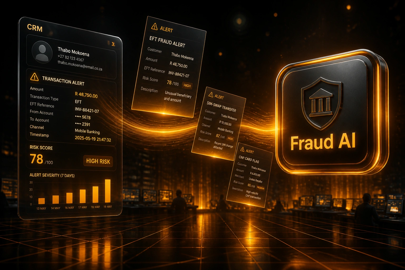 A glass CRM fraud panel connected by an amber ribbon of EFT and SIM-swap alerts to a glossy Fraud AI banking shield badge, illustrating real-time SA banking fraud detection