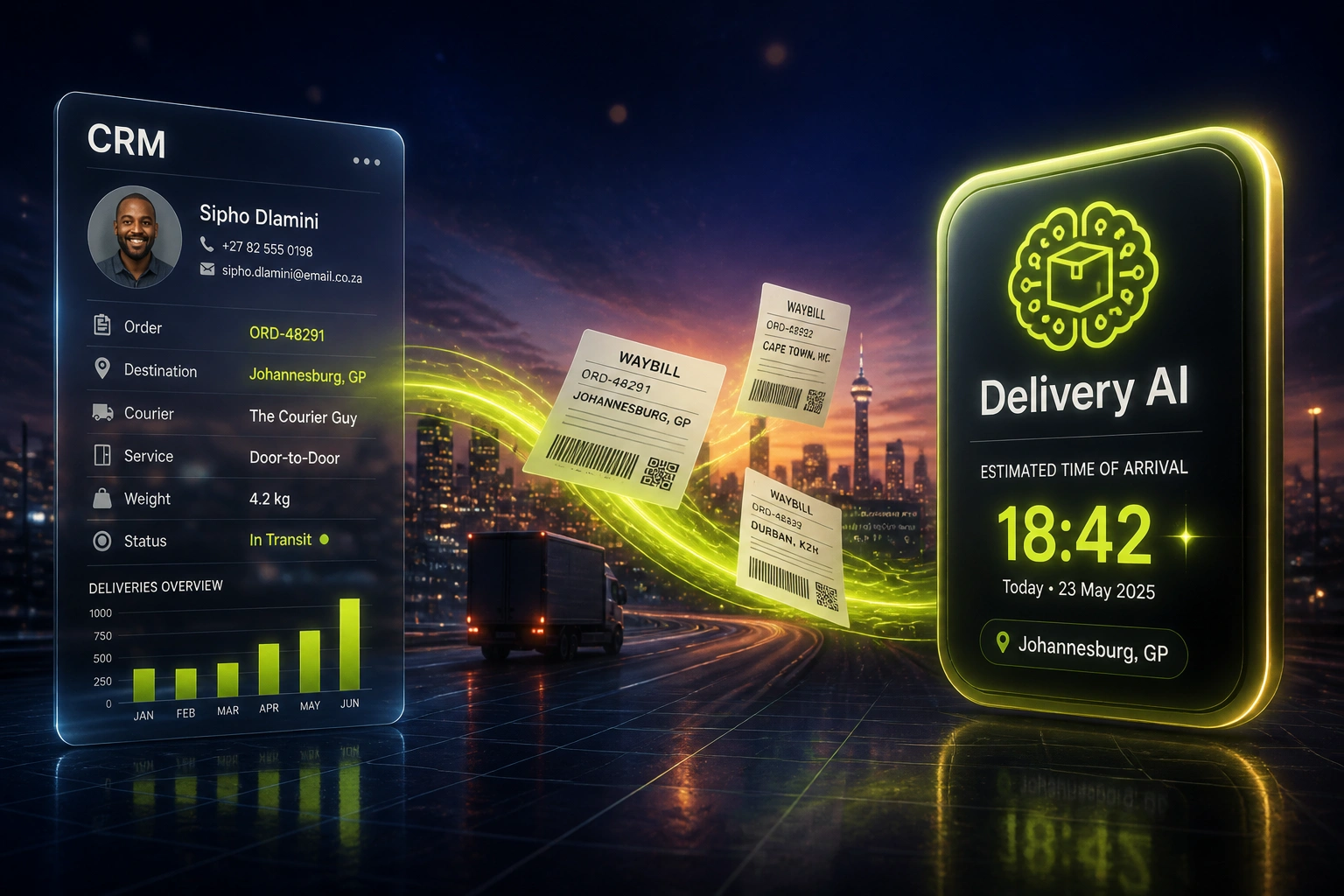 A glass CRM order panel and a glossy Delivery AI badge linked by mid-flight waybills on an electric lime ribbon over a dusk indigo highway, illustrating SA courier ETA prediction