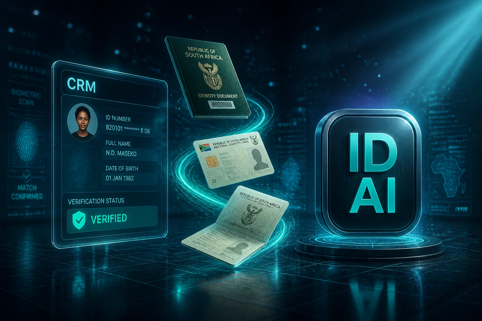 A glass CRM panel showing verified SA identity fields and a glossy ID AI badge linked by a teal ribbon carrying a green ID book, smart ID card, and passport mid-flight